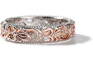 Jeulia Floral Ring Band Sterling Silver Two Tone Leaf Carved Vintage Unique Hollow Flower Rose Gold Jewelry Engagement Wedding Bridal Sets Stackable Anniversary Promise with Gift Box
