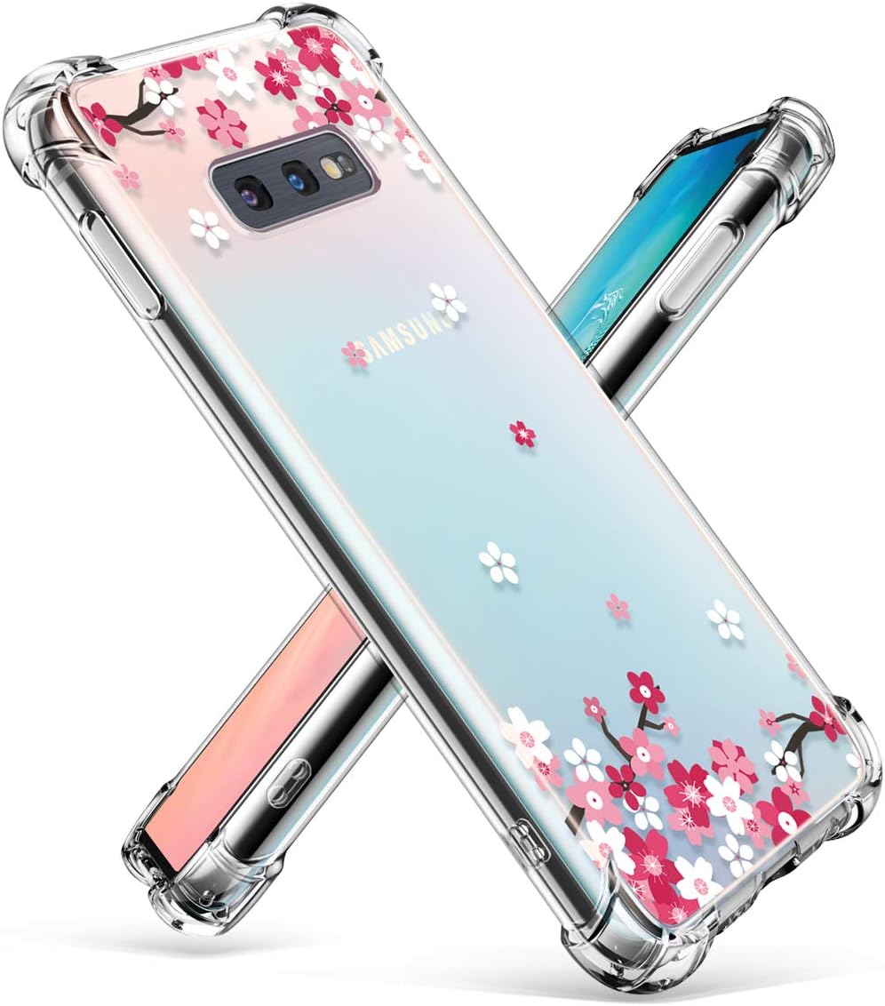 GVIEWIN Compatible for Galaxy S10e Slim Floral Clear Case Shock Absorption Bumper Soft TPU Cover for Galaxy S10e (Peach Blossom/Pink)