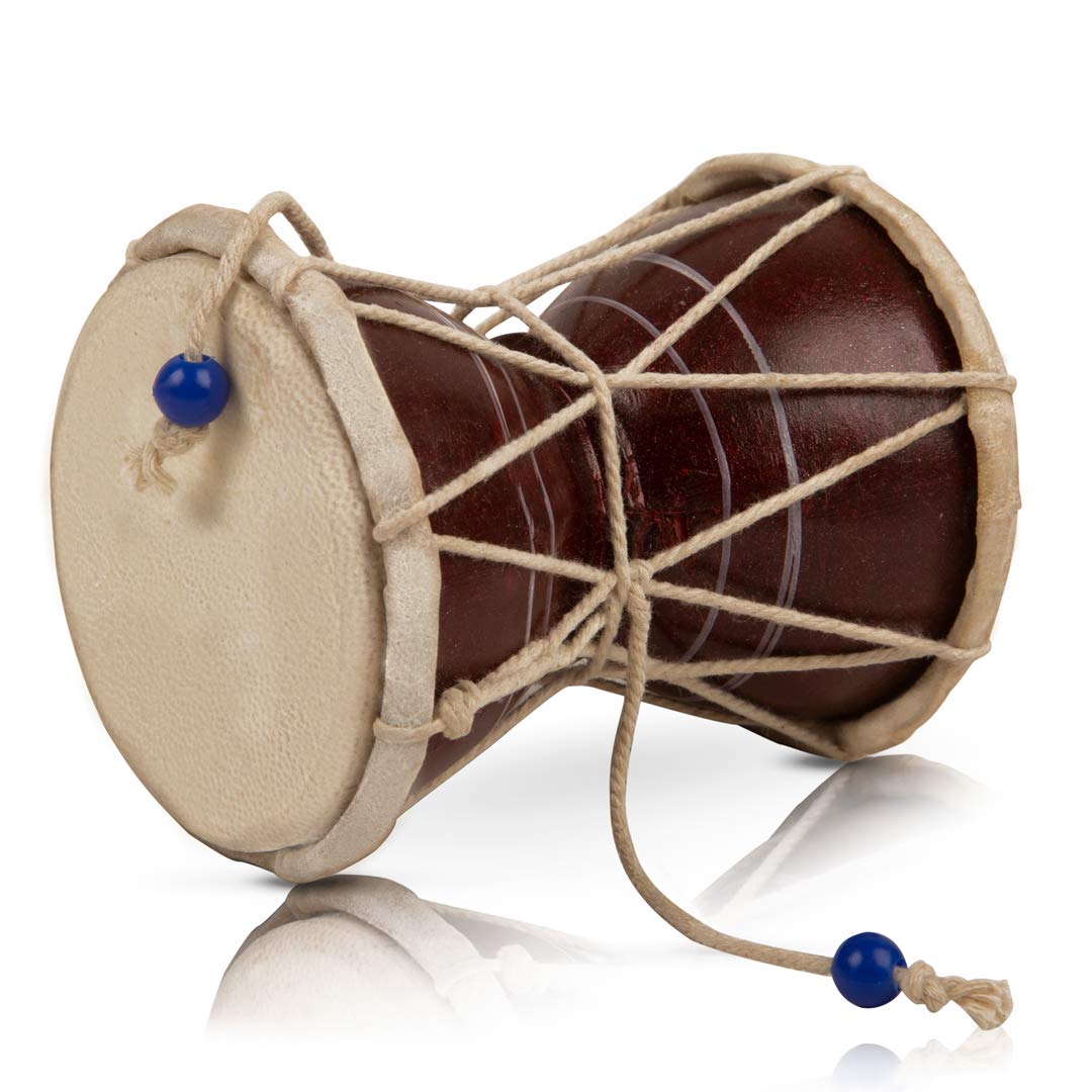10 cm Small Handmade Traditional Authentic Wooden & Leather Classical Indian Folk Dumroo Damroo Damaru Hand Drum Percussion Instrument Set, Decorative Collectible Showpiece World Musical Instruments