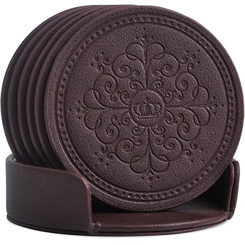 Coasters Set,Classic Pattern Faux Leather Coaster Set of 6 with Holder