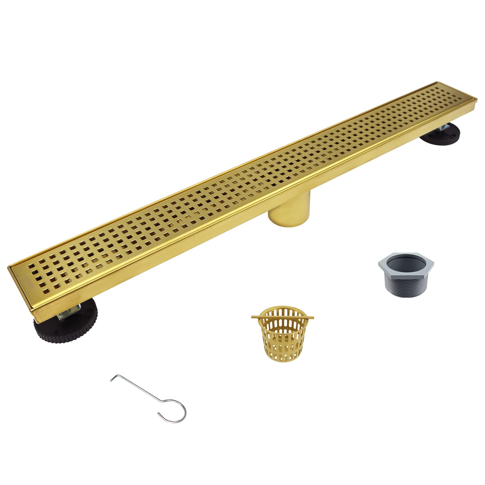 Bernkot Linear Shower Drain 24", 304 Stainless Steel Floor Drain with Grid Drain Cover & Hair Strainer, Rectangular Shower Drain w/CUPC Certified, Brushed Gold Image