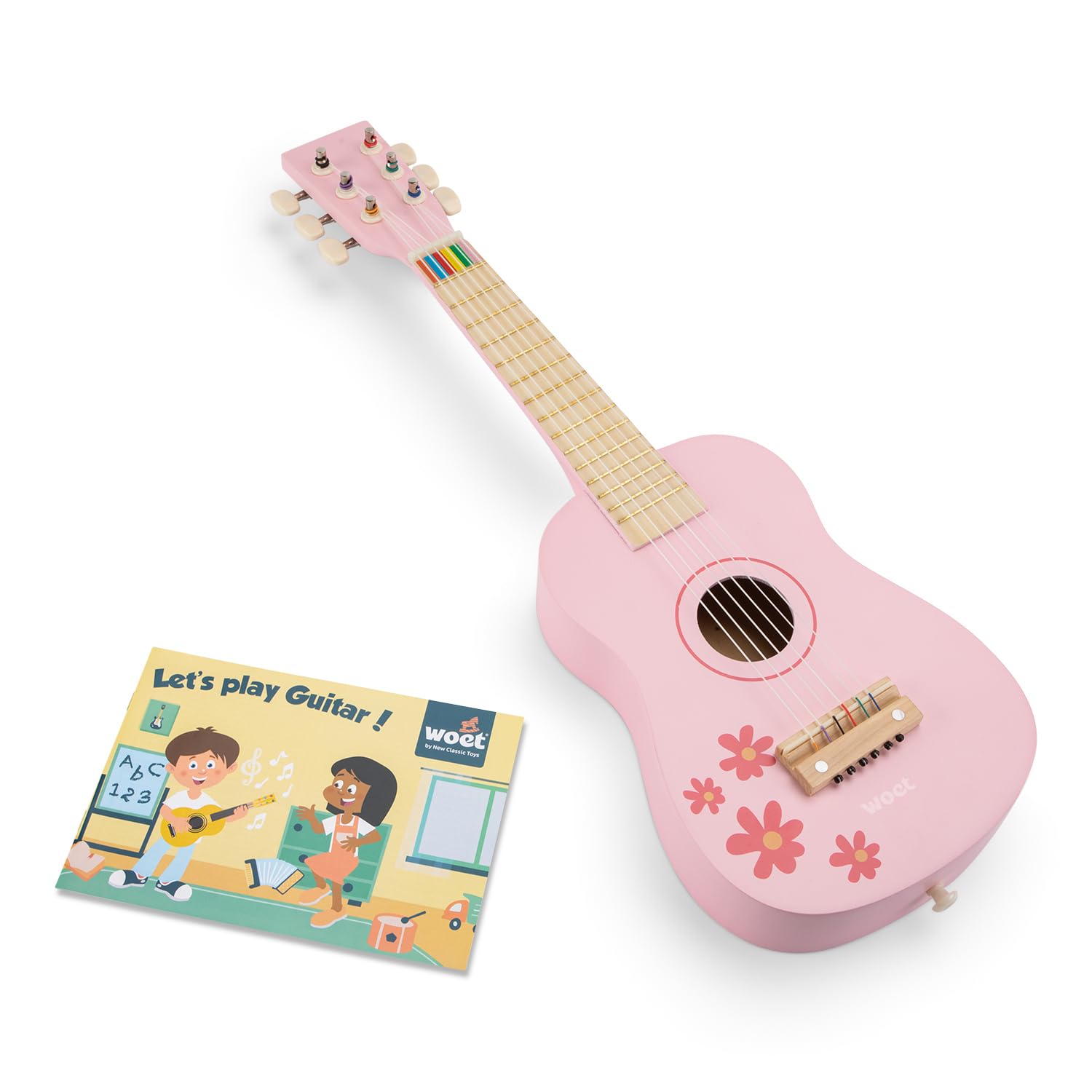 Woet® Pink Wooden Toy Guitar for Kids, 6 Nylon Strings with Strap, Spare String and Color Song Book with 3 Songs, Beginner Educational Musical Instrument, Fun Music Gift, Age 3 Years +