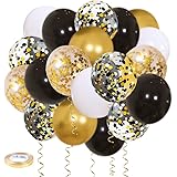 Zesliwy Black Gold Confetti Balloons 50 pack - 12 Inch Gold White and Black Confetti Balloons with Ribbons for Graduation Bir