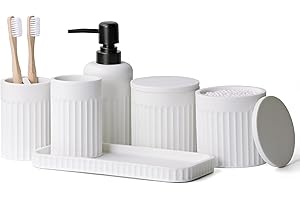 INIUNIK Bathroom Accessory Set - 6 Pieces Bathroom Accessories Set Complete with Soap Dispenser, Toothbrush Holders, Tumbler, Vanity Tray and 2 Qtip Holder for Home Organizer and Decor, White