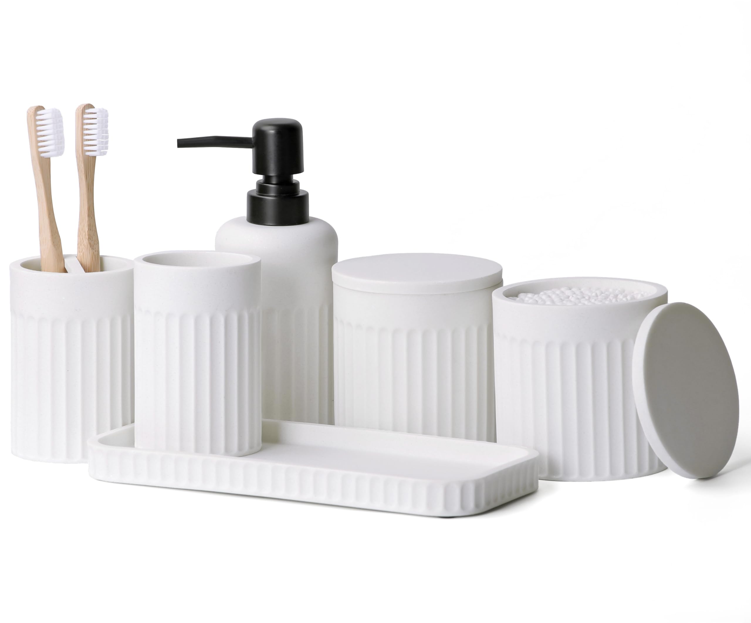 Photo 1 of *MISSING PARTS*
INIUNIK Bathroom Accessory Set - 6 Pieces Bathroom Accessories Set Complete with Soap Dispenser, Toothbrush Holders, Tumbler, Vanity Tray and 2 Qtip Holder for Home Organizer and Decor, White