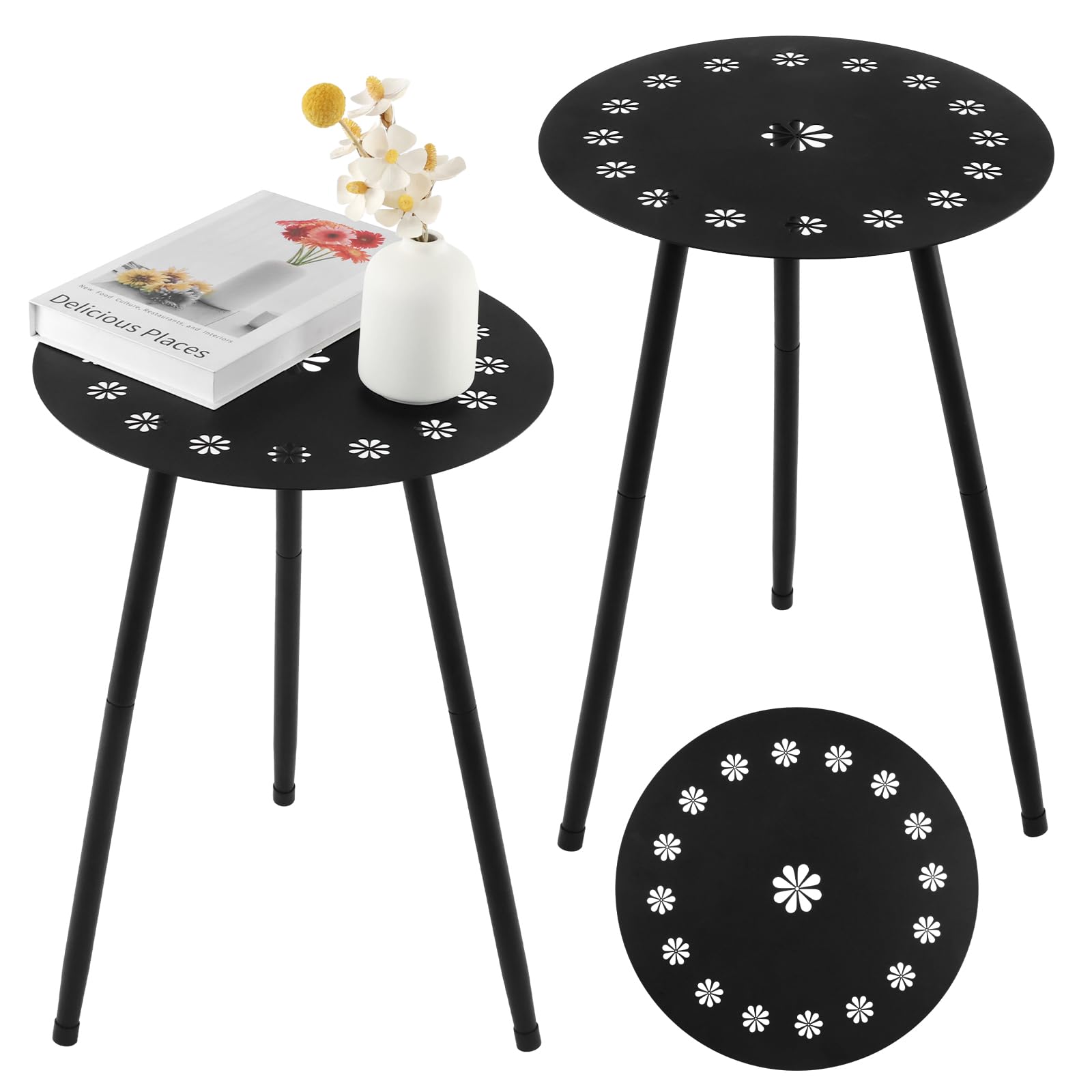 Photo 1 of Outdoor Side Table Set of 2 Patio Round Tables for Outside Black End Tables Small Coffee Table End Table Modern Metal Porch Plant Stands for Balcony, Indoor, Bedroom, Living Room, Small Spaces