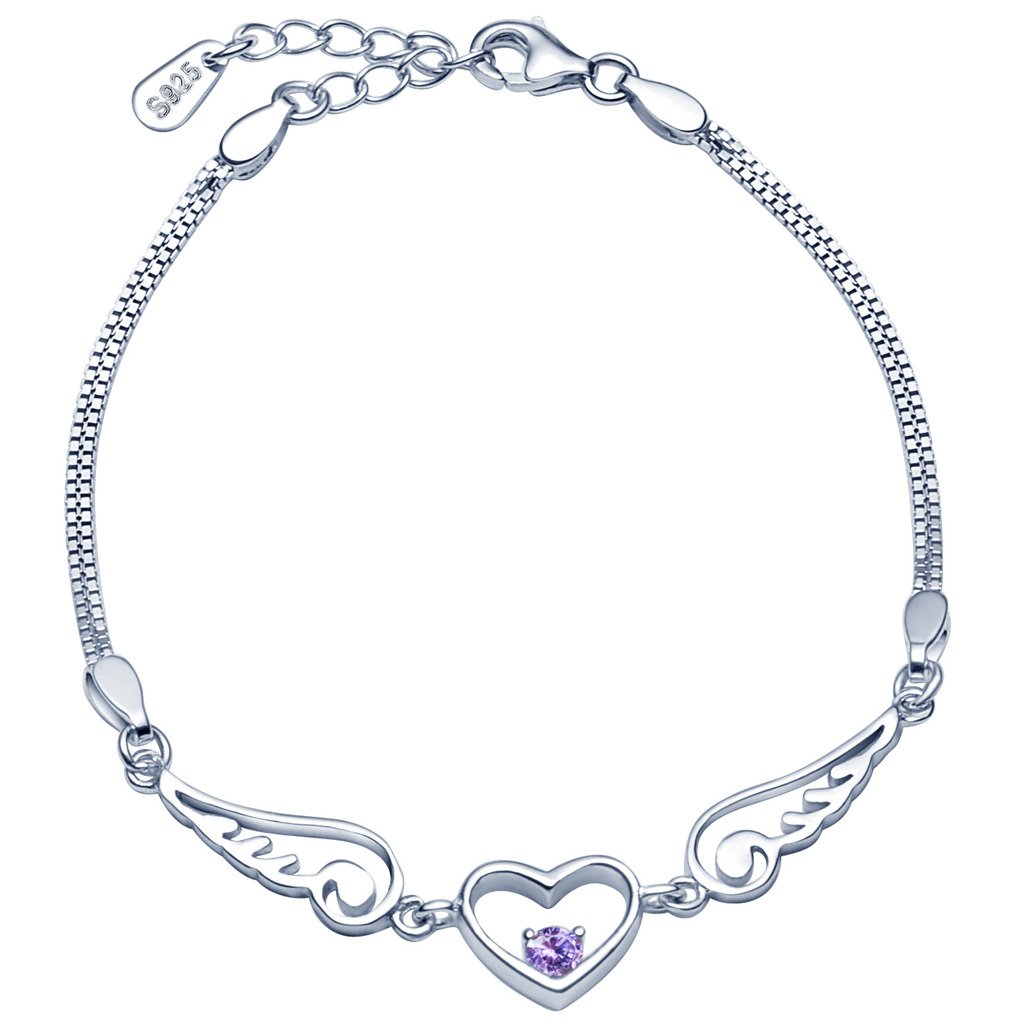 Infinite U Angel Wings Heart Womens Link Charm Bracelet 925 Sterling Silver Purple Cubic Zirconia Double Strands Chains with Extension, Silver