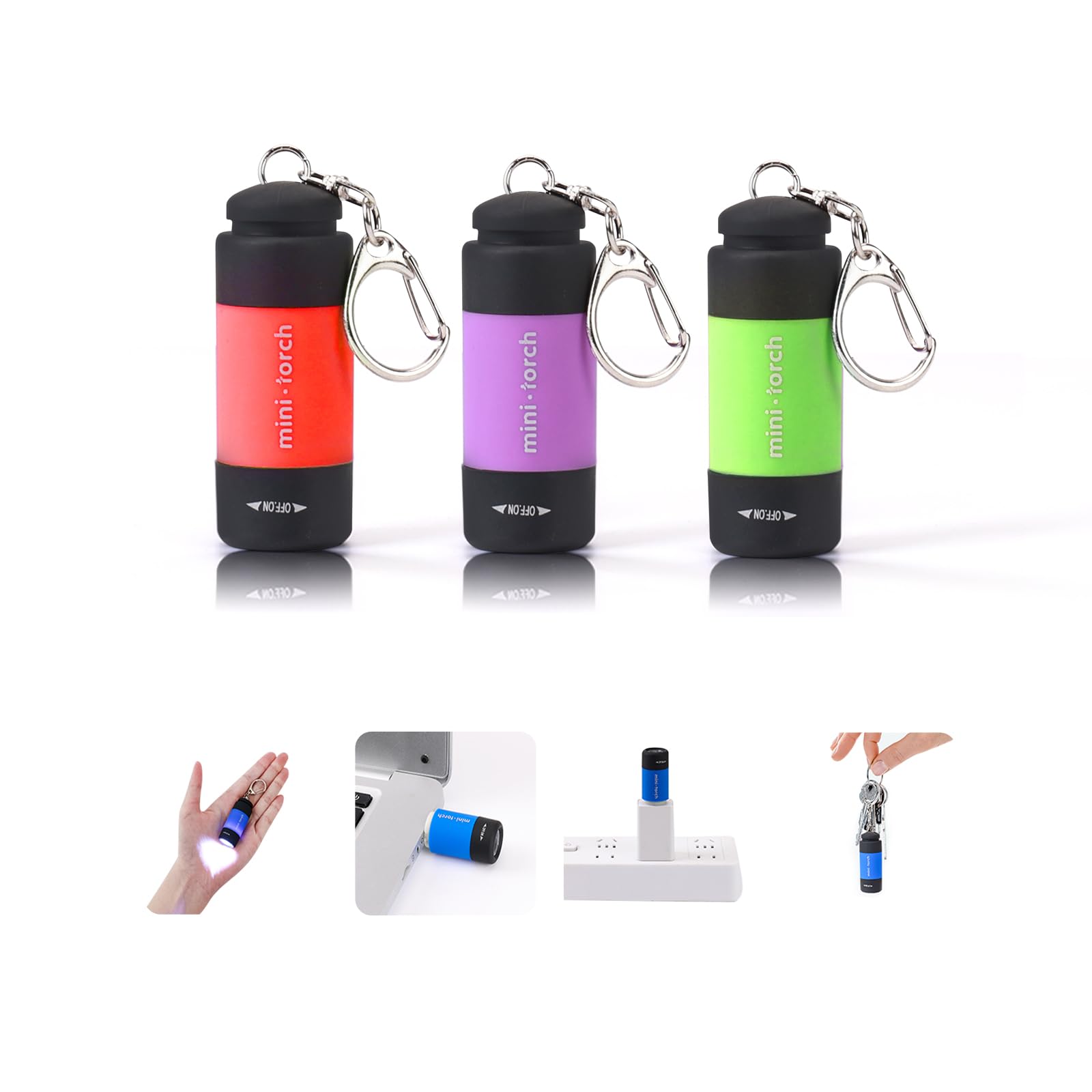 Cussity Small Torch, 3 Packs USB Mini Keyring LED Torch Rechargeable, Colorful Kids Torches for Camping/Hiking Outdoor Gifts, Waterproof Pockets Torch Flashlight for Backpack/Belt