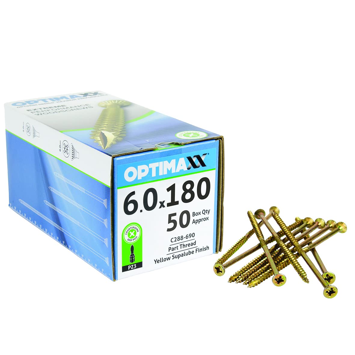 6.0 Optimaxx Extreme Performance Wood Screws Box - Zinc Plate & Yellow Passivated, Pozi Wood Screws (6.0x180mm)