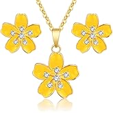 EVEVIC Fashion Cherry Blossom Necklace Earrings Set for Women 18K Gold Plated Hypoallergenic Sakura Flower Jewelry Set (Yellow)
