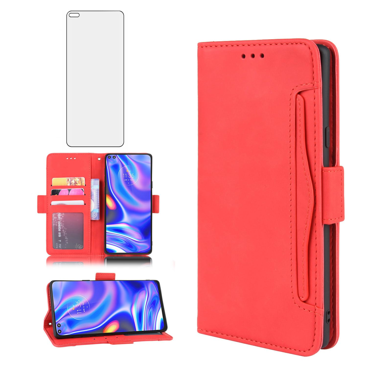 Compatible with Moto One 5G/One5G UW/Moto G G5 Plus Wallet Case and Tempered Glass Screen Protector Card Holder Stand Leather Flip Cell Phone Cover for Motorola One Lite XT2075-1 Women Men Red