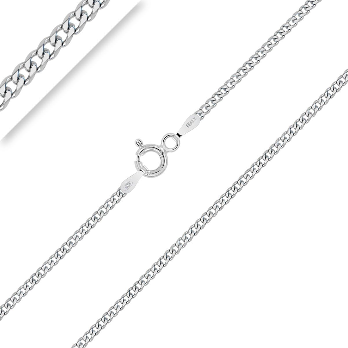 PLANETYS - 925 Sterling Silver Rhodium Finishing Flat Curb Chain Necklace 1.5 mm Width Lengths: 16, 18, 20, 22, 24, 26, 28" Inch