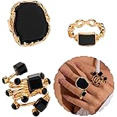 LadayPoa 3Pcs/Set Vintage Statement Rings for Women, Dainty Cocktail Stacking Rings, Gold Plated Black Layered Finger Ring, Big Chunky Geometric Punk Jewelry Accessories Festival Gifts