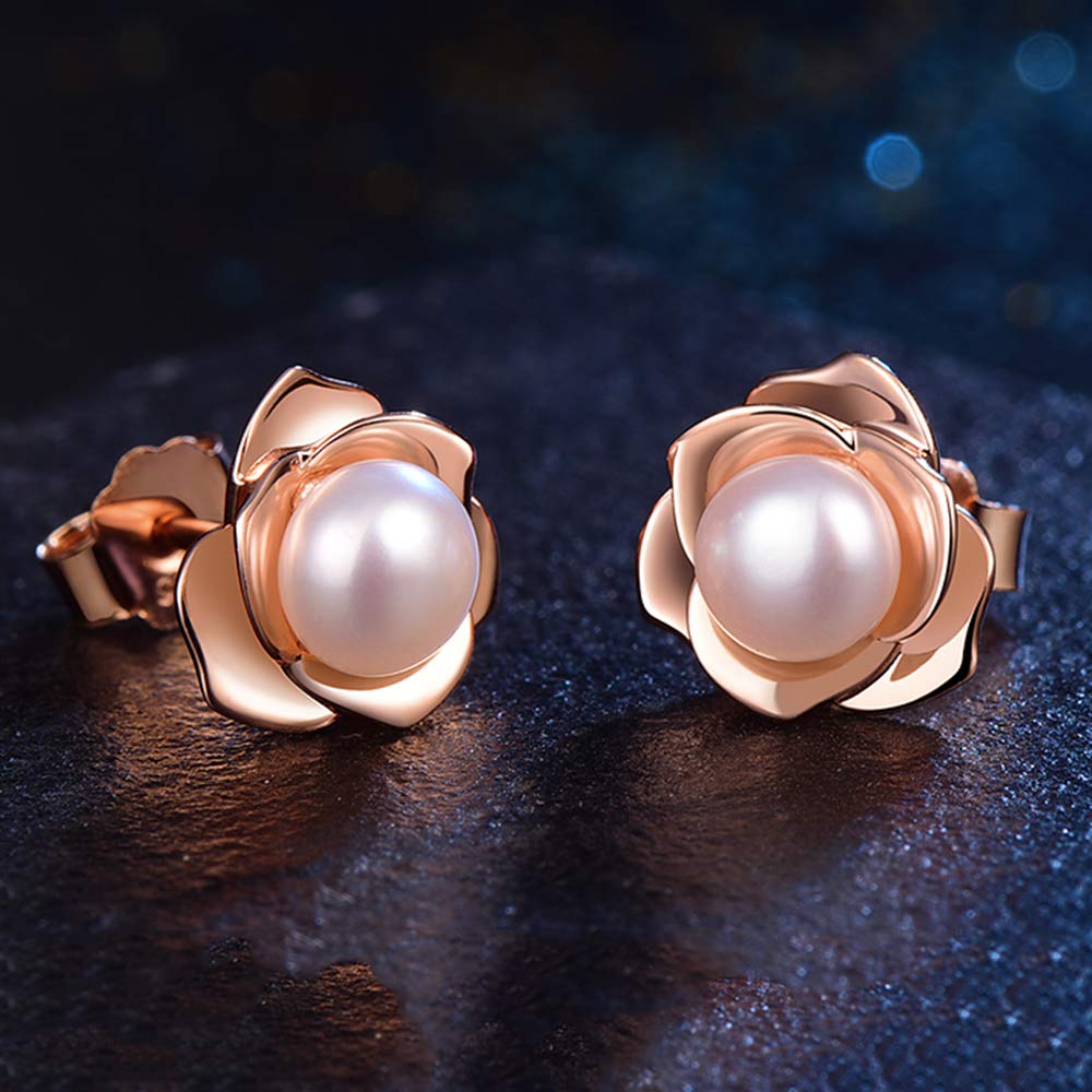 PORTWORLD Rose Gold Flower with Freshwater Cultured Pearl Stud Earrings for Women Girls