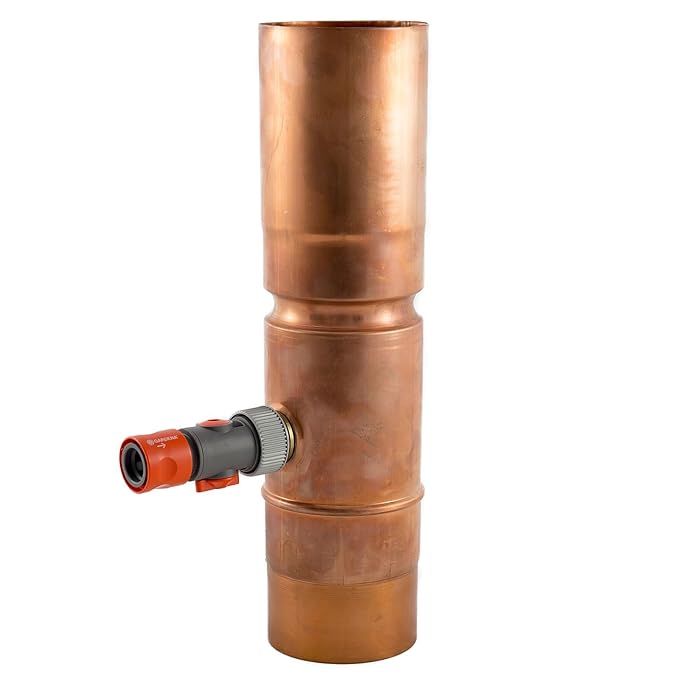 Kupfer Regensammler mit Gardena-Steckanschluss für Fallrohr mit 100 mm Durchmesser (einfache Montage dank großer Schiebemuffe