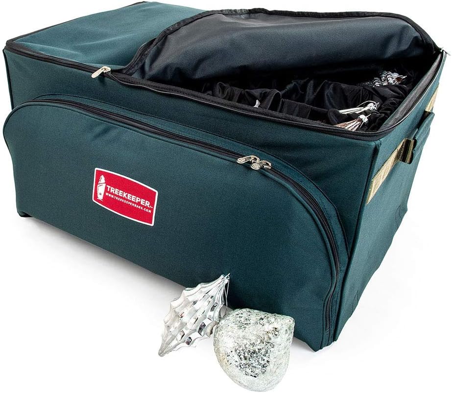 Holiday Décor Storage - [Adjustable Christmas Ornament Storage Box with Dividers] - Deluxe Ornament Keeper - (Holds 48 Ornaments up to 6 Inches Tall by Nearly Any Width and Length) | 2 Removable Trays with Moving Separators