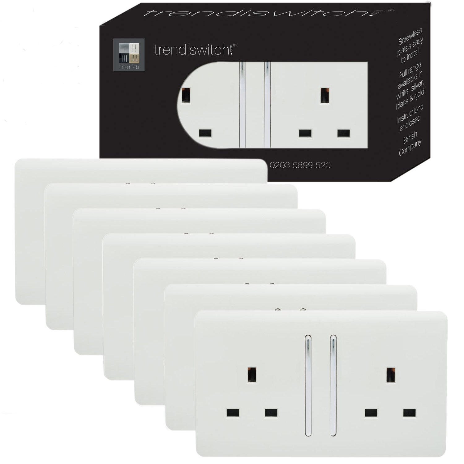 Trendi 2 Gang Artistic Modern Glossy 13 Amp Switched Plug Socket (7 Pack)