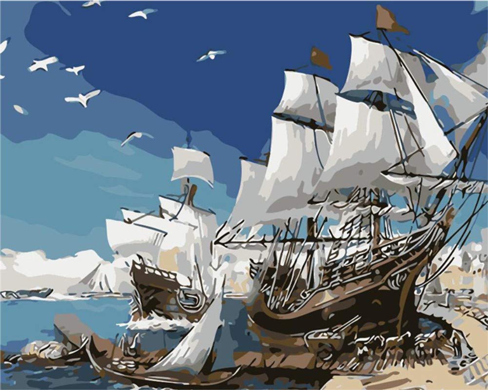 ABEUTY DIY Paint by Numbers for Adults Children, Sailboat and Seagull 16x20 inches Number Painting Art Therapy
