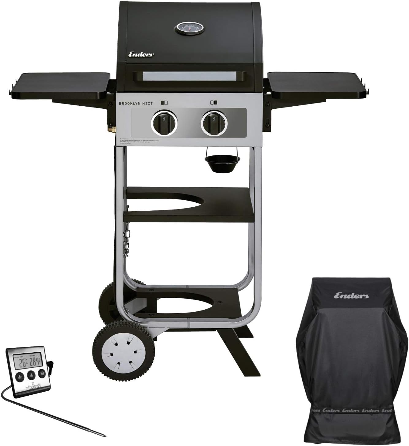 Enders BROOKLYN NEXT 2 - BBQ Gasgrill Bundle mit Wetterschutzhülle &amp; Gratis Fleischthermometer - 2 Edelstahl-Brenner stufenlos, Gas Grill mit Grillwagen, Grillhaube, abklappbare Seitenablagen