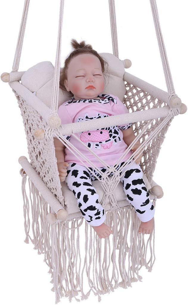 Hammock Chair Macrame Swing, Bohemian Hanging Swing Seat Cotton Rope Weaving Hanging Chair for Children/Infant/Baby/Kids, Max Capacity 110Ibs Lbs (Beige)