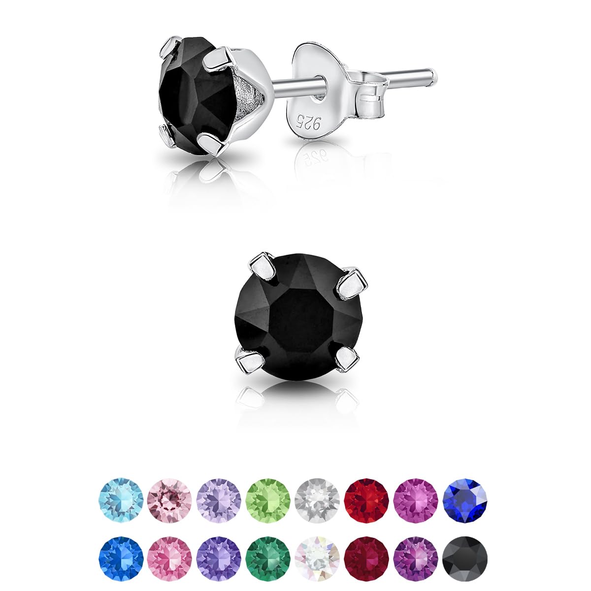 925 Sterling Silver Round SMALL Stud Earrings made with Glittering Crystals - Small Silver Studs Earrings for Woman - Diameter: 5 mm - Colour : Black