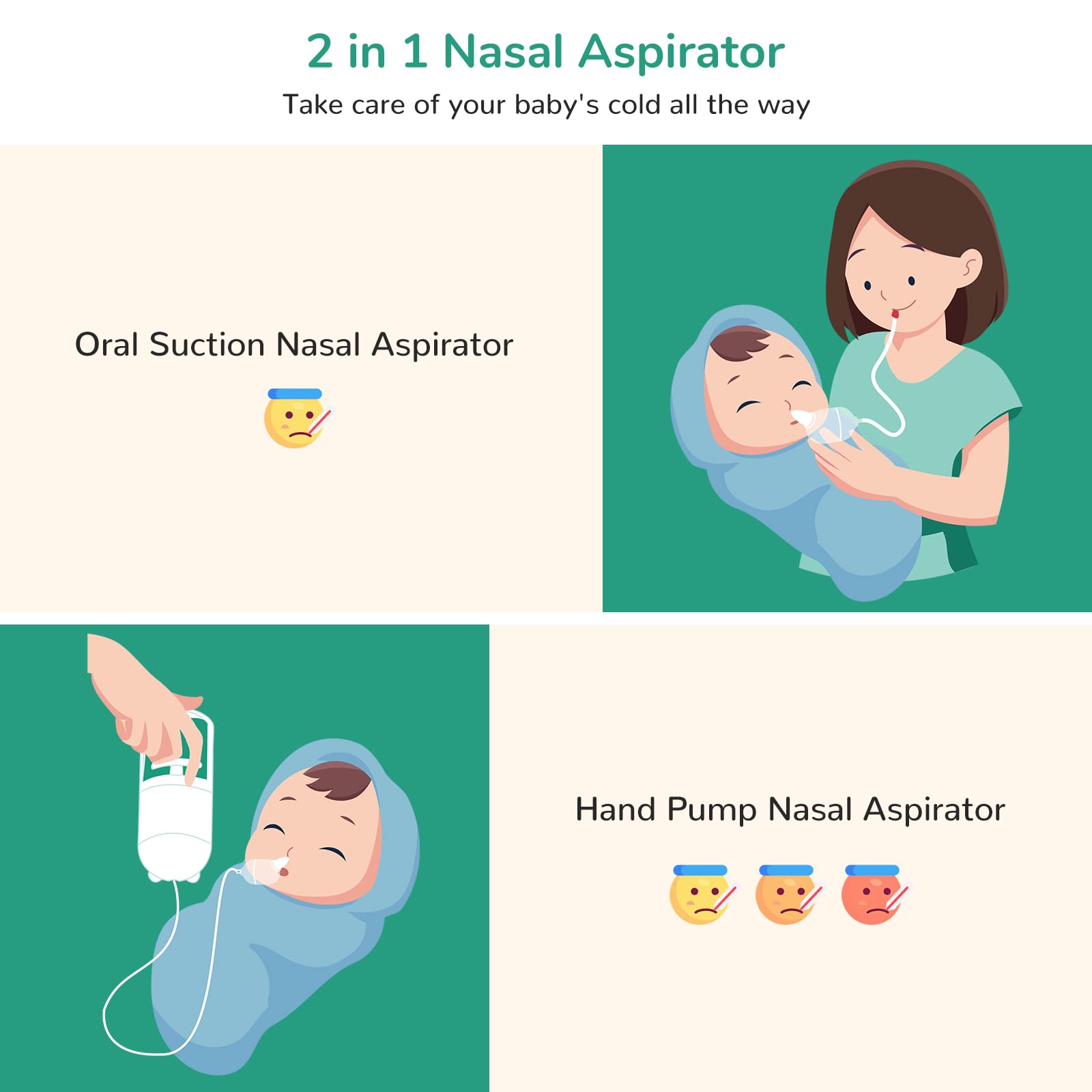 Nasal Aspirator for Baby, Hand Pump ＆ Oral Suction 2 in 1 Baby Nasal Aspirator and Baby Nose Sucker, with 30 Hygiene Filters and a Convenient Storage Travel Case