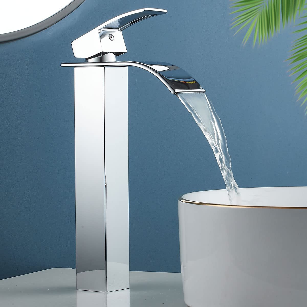 Bathroom Waterfall Basin Mixer Tap, High Rise Sink Mixer Taps, Monobloc Tall Faucet for Washroom Counter-top Basin, Modern and Square Design, Hot and Cold Tap with Hoses (Chrome)