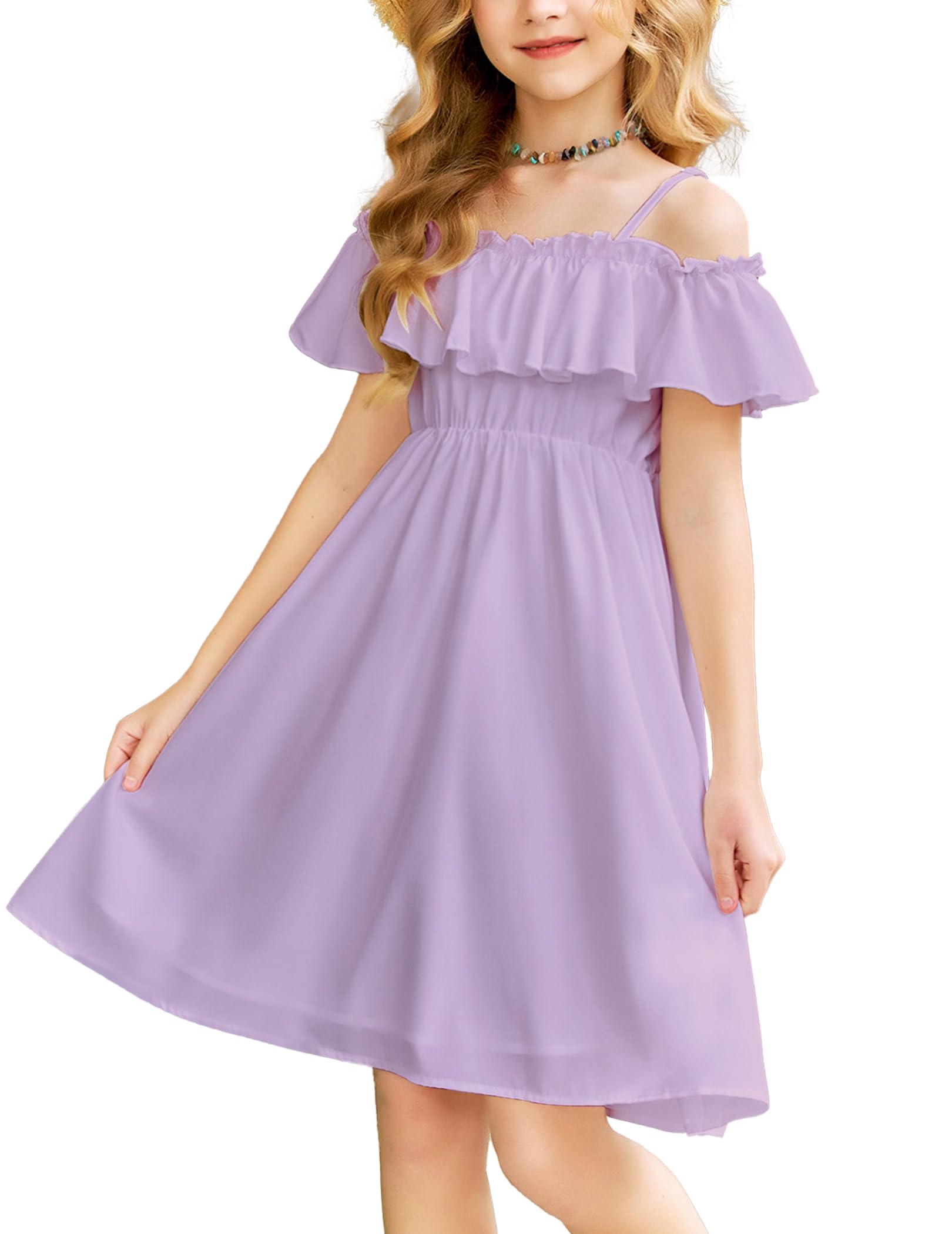Photo 1 of Arshiner Dresses for Kids Summer Birthday Party Ruffle Trim Sleeve Off Shoulder Twirly Skater Dress Lilac 4-5 T
