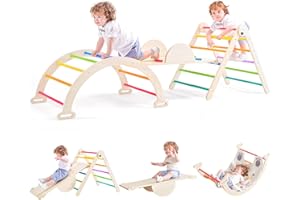 NIGWET 5 in 1 Pikler Triangle Set, Foldable Large Size Baby Climbing Toys Indoor Gym for Toddlers 1-3 Wooden Montessori Climbing Set, Adjustable Height Pikler Triangle, Kids Toys with Ramp Sliding