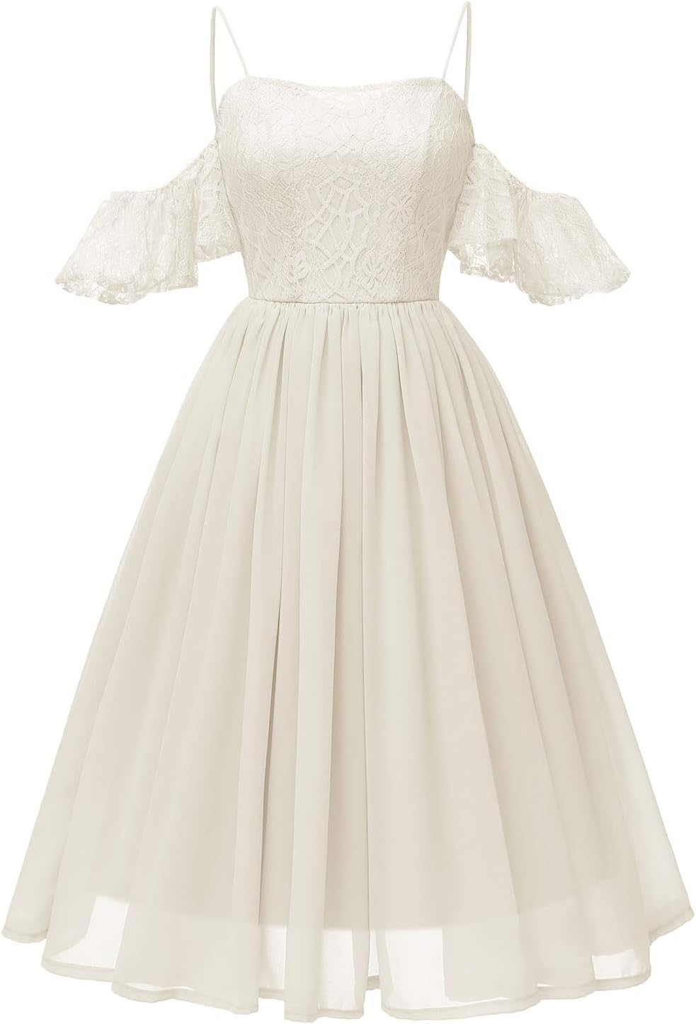 Women Strappy Off Shoulder Lace Ruffle Sleeve Chiffon Midi Cami Skater Prom Dress Party Going Out Bridesmaid Wedding Guest 10 M Beige