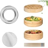 Bamboo Steamer 2 Tier 10-Inch Steaming Basket, Bun Vegetable Steam, Dumpling Steamer Bamboo Steam Basket, Chopsticks, Reusable Silicone Liner, Ring Adapter, for Chinese Asian Cuisine