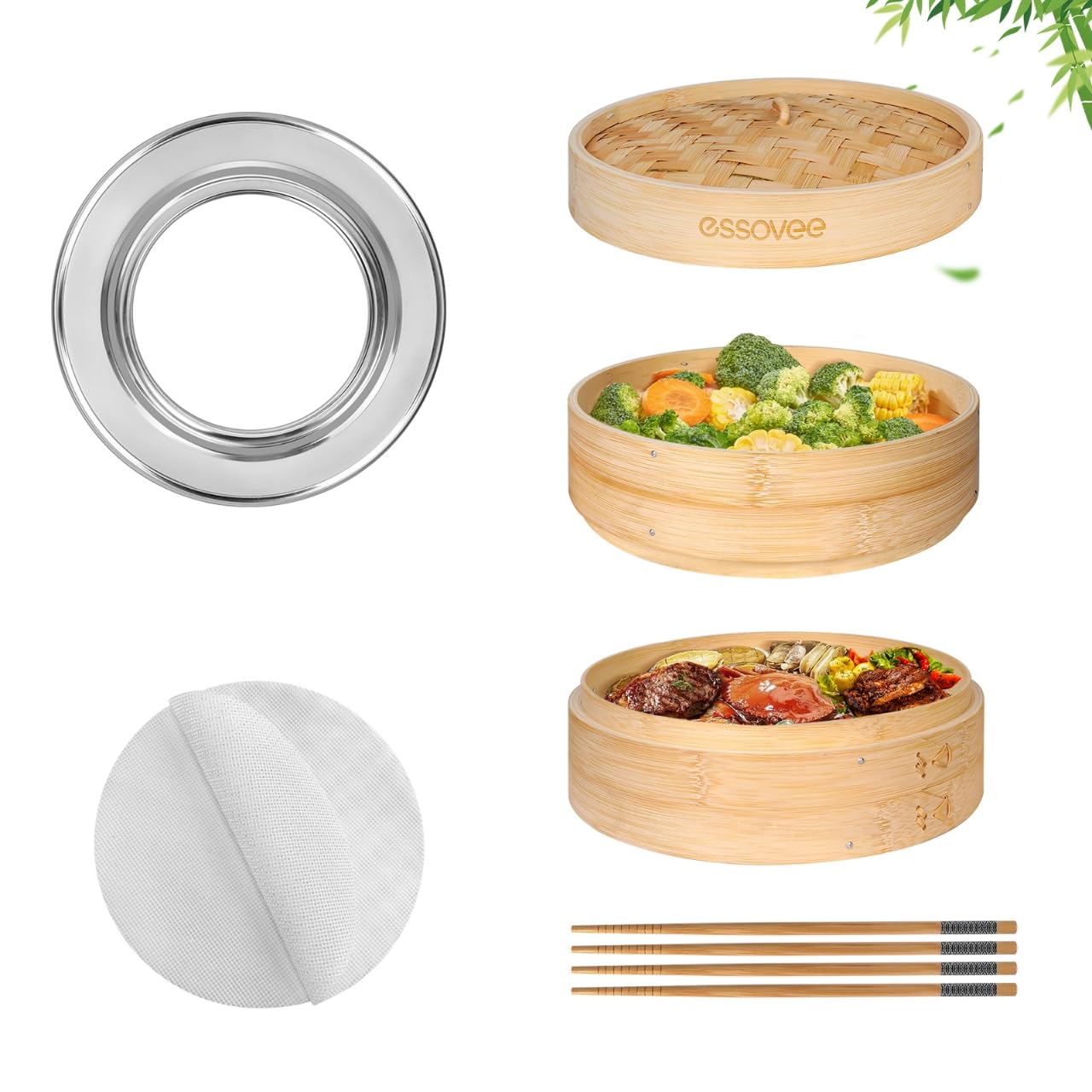 Photo 1 of Bamboo Steamer 2 Tier 10-Inch Steaming Basket, Bun Vegetable Steam, Dumpling Steamer Bamboo Steam Basket, Chopsticks, Reusable Silicone Liner, Ring Adapter, for Chinese Asian Cuisine