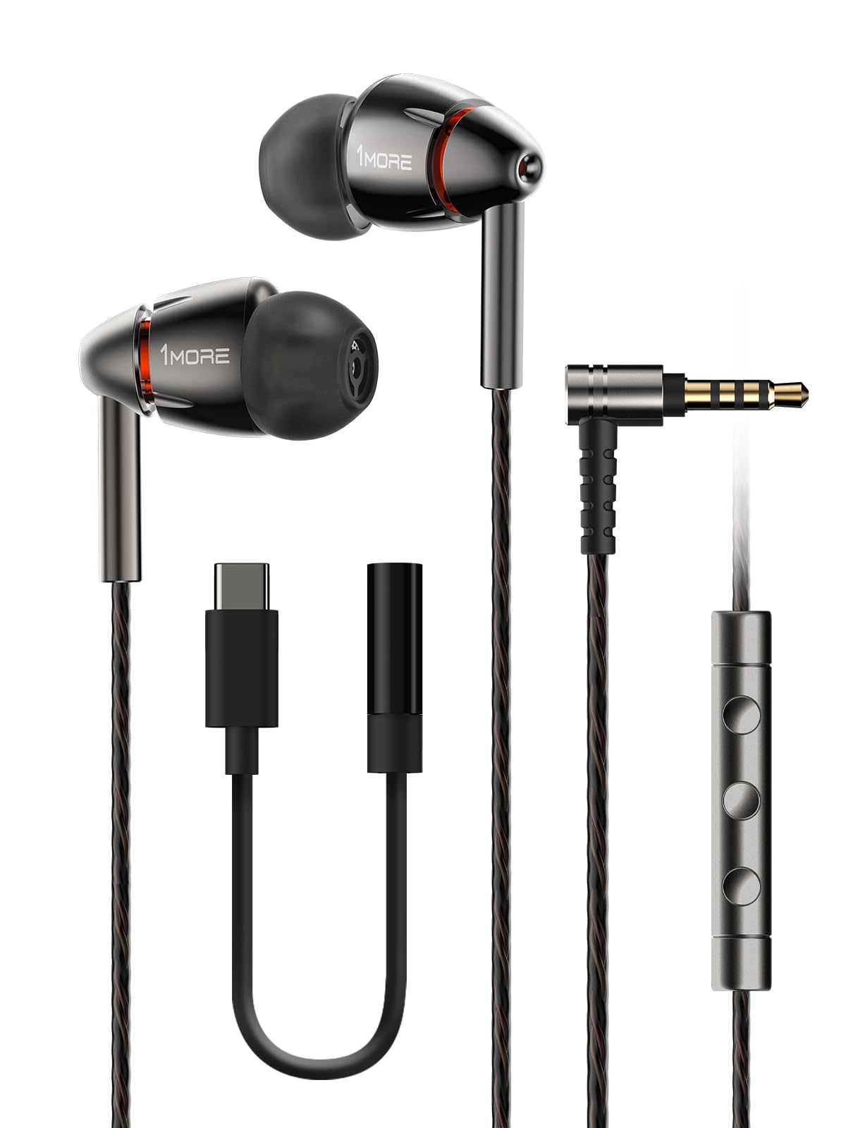 Photo 1 of 1MORE in-Ear Headphones Hi-Res Audio, Quad Driver Wired Earbuds with 3.5mm Jack, Deep Bass Stereo Sound, Built-in Microphone/Remote, 8 Ergonomic Fit Ear Tips, Tangle-Free Cable, Silver/Gray
