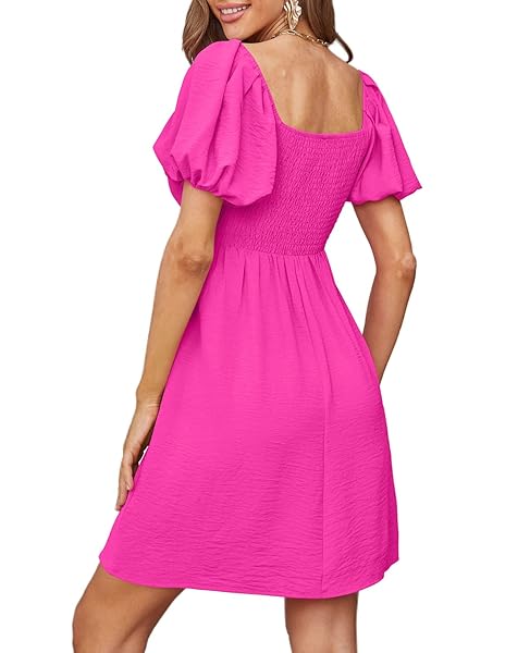 XIEERDUO SUMMER DRESSES FOR TEENS SQUARE NECK PUFF SLEEVE MINI DRESS ROSE RED M