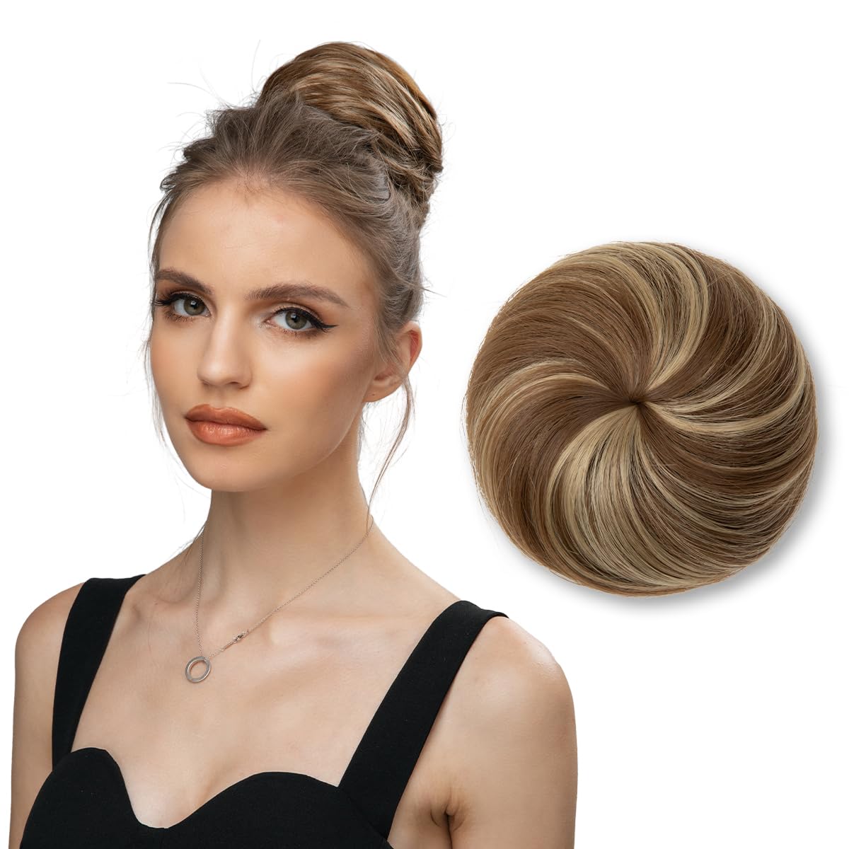 Photo 1 of SARLA Fake Hair Bun Extensions for Women Lady Synthetic Updo Drawstring Ballet Bun Hair Pieces Ash Medium Brown/Ash Blonde