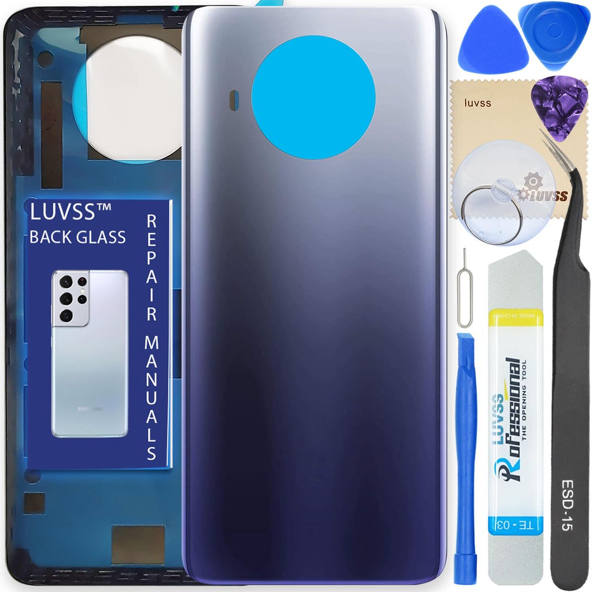 LUVSS Back Glass Cover Replacement Compitable for Xiaomi Mi 10T Lite Rear Cover + Repair Manual DIY Tools Kit (Blue)