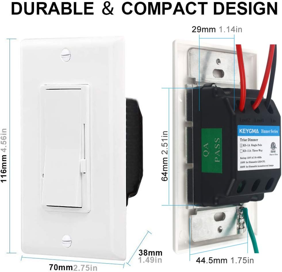 Wall Switch, 2Pack On/Off Dimmer Switch for Dimmable LED Panel Lights, CFL, Halogen and Incandescent Bulbs, with Wallplate, Single-Pole/3-Way, ETL Listed: Industrial & Scientific