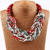 Qiyun (TM) Chunky 18K Gold Coral Red Beaded Torsade Multiple Rows Twist Bib Choker Necklace