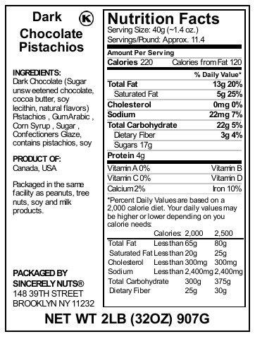 Sincerely Nuts Dark Chocolate Pistachios- Two Lb. Bag - Scrumptious To The Core - Insanely Fresh, Full of Fiber and Minerals - 100% Kosher Certified!