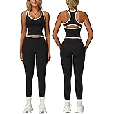 PQBPQB Women 2 Piece Workout Sets Racerback Color Block Tank Tops High Waist Tummy Control Active Leggings Yoga Outfits