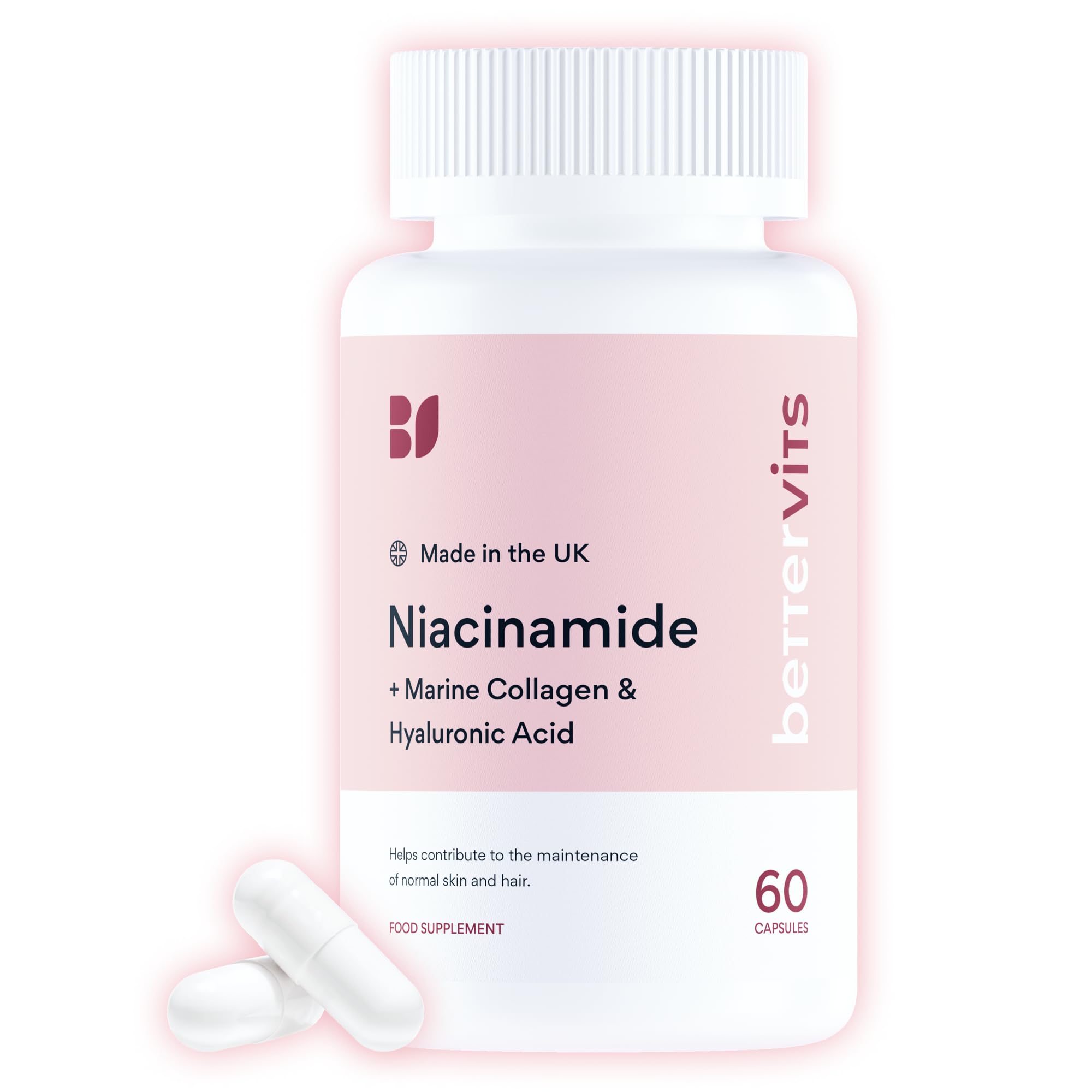 Bettervits Niacinamide Complex with Vitamin B3 Niacin, Marine Collagen, and Hyaluronic Acid – High-Strength Niacinamide Supplement for Energy Support – Natural Vitamin B3 Boost – 60 Capsules