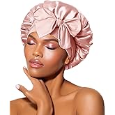 BONNET QUEEN Silk Bonnet for Sleeping Women Satin Bonnet Night Sleep Cap Wrap for Curly Hair with Adjustable Tie Band, Single Layer, Small, Cream Pink
