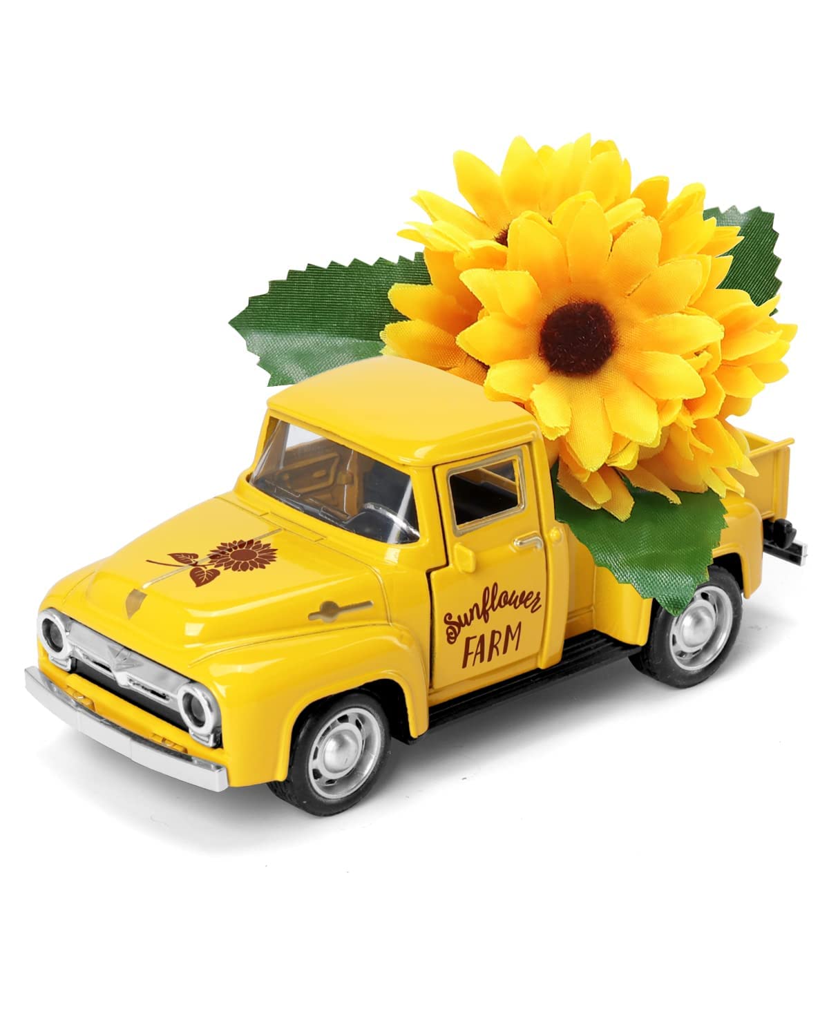 Photo 1 of Huray Rayho Sunflower Metal Truck with Artificial Plastic Flower Yellow Vintage Farm Pickup Farmhouse Tabletop Tiered Tray Decor Home Kitchen Mantel Shelf Spring Mini Diecast Truck Decorations