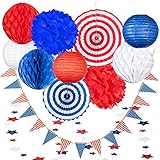 USA 4th of July Patriotic Decorations - 25 pcs Blue Red and White Paper Fans, Lanterns, Pompoms, Triangle Garland, Star Garland and Honeycomb