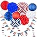 USA 4th of July Patriotic Decorations - 25 pcs Blue Red and White Paper Fans, Lanterns, Pompoms, Triangle Garland, Star Garland and Honeycomb