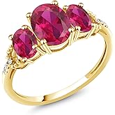 Gem Stone King 10K Yellow Gold Red Created Ruby and Diamond Accent 3-Stone Engagement Ring For Women | 2.54 Cttw | Oval 8X6MM and 6X44MM | 3 Stone Wedding Anniversary Promise Ring