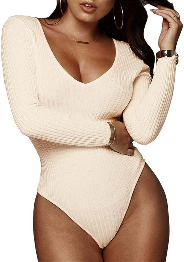 GEMBERAWomen's Deep V Neck Long Sleeve Bodysuit Ribbed Knit Bodycon Basic Bodysuit Tops