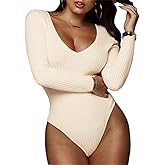 GEMBERA Women's Deep V Neck Long Sleeve Bodysuit Ribbed Knit Bodycon Basic Bodysuit Tops