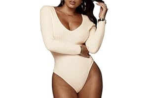 GEMBERA Women's Deep V Neck Long Sleeve Bodysuit Ribbed Knit Bodycon Basic Bodysuit Tops