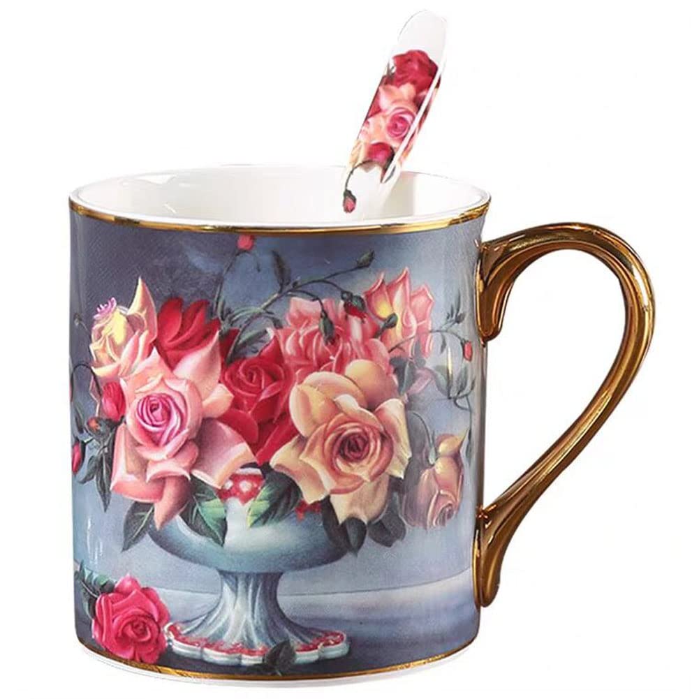 YBK Tech Bone China Porcelain Tea Cup, 12oz Coffee Mug for Home Kitchen Office - Vintage Rose Pattern (Gray) — image 1